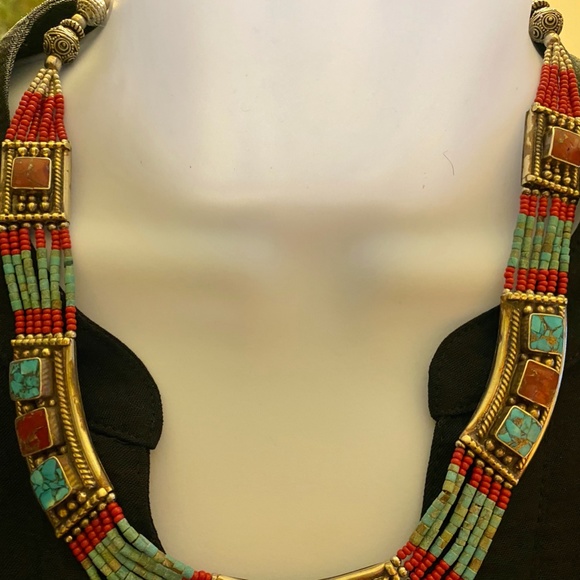 NEPAL JEWELRY 925 SILVER PLATED TIBETAN CORAL TURQUOISE NECKLACE - Picture 7 of 8